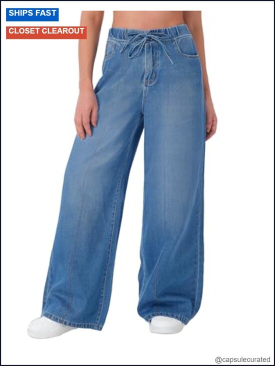Denim - Women Loose Fit Wide Leg Palazzo Pants Elastic Waist Drawstring Non-Stretch